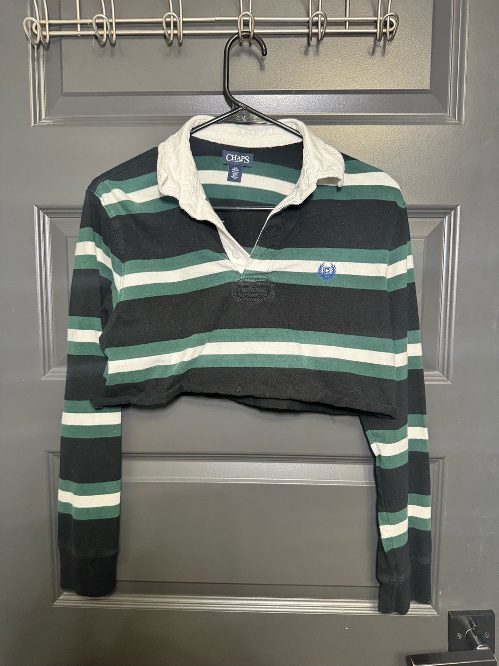 Chaps Cropped Striped Rugby Sweater in Black, Green & White